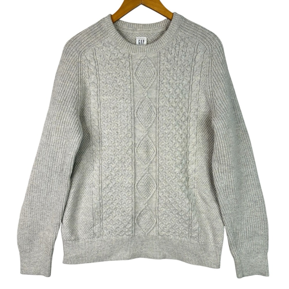 GAP Men's Cable Sweater Lamb White Cream Wool Blend Pullover L‎ Heritage Winter